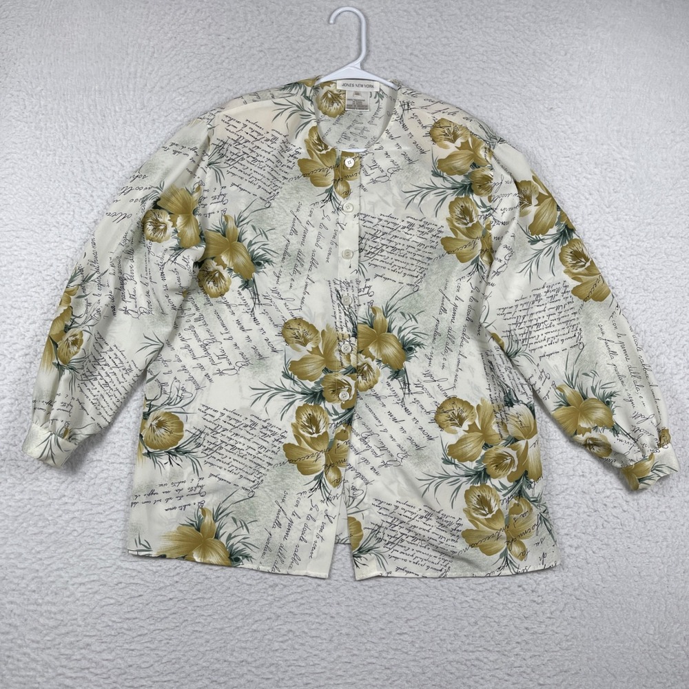 Jones New York Blouse Womens 10 Cream Script Floral Button Front Shoulder Pads